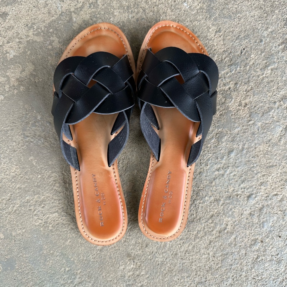 Rock & Candy Black and Tan Braided Slide Sandals